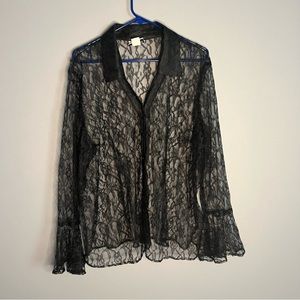 Vintage Fashion Bug Lace Sleeve Button Down Blouse‎